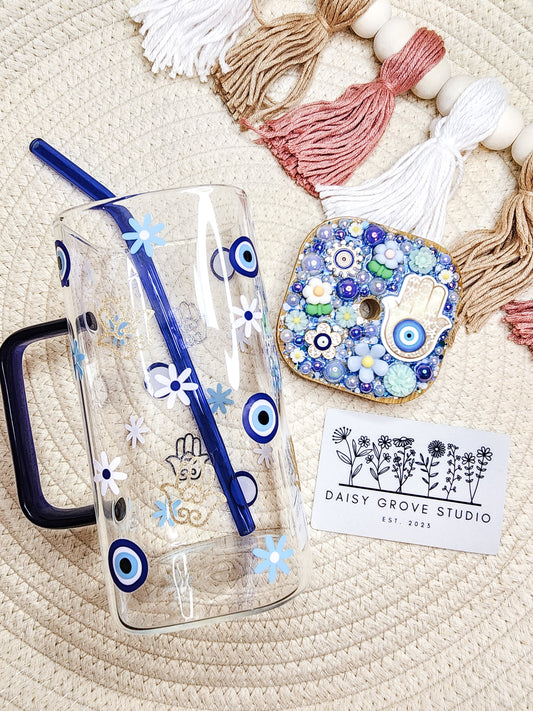 Blue Evil Eye Square 16oz Glass Can